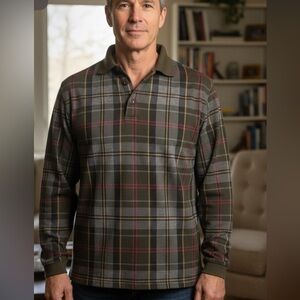 Christopher Rand Vintage Men's Plaid long sleeve Polo Shirt olive size Small